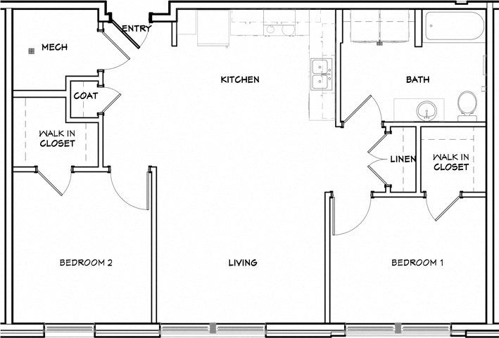 Floor plan for 2 beds, 1 bath, 960 sqft